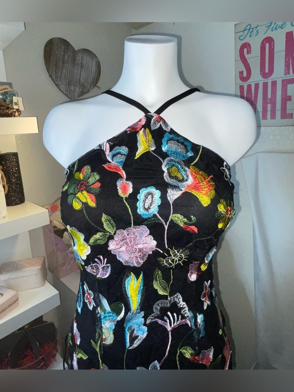 VENUS Black One-Shoulder Floral Embroidered Dress